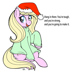 Size: 671x671 | Tagged: safe, artist:grodiechan, imported from derpibooru, oc, oc only, oc:chuckles, earth pony, pony, christmas, clothes, dialogue, hat, holiday, looking at you, positive ponies, santa hat, smiling, solo, sweater, truth