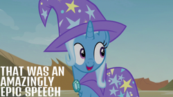 Size: 1920x1080 | Tagged: safe, edit, edited screencap, editor:quoterific, imported from derpibooru, screencap, trixie, pony, unicorn, season 7, to change a changeling, brooch, cape, clothes, female, hat, jewelry, mare, open mouth, quote, solo, trixie's brooch, trixie's cape, trixie's hat