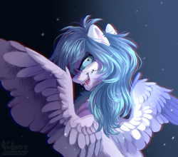 Size: 2420x2125 | Tagged: safe, artist:teaflower300, imported from derpibooru, oc, oc only, pegasus, pony, creepy, creepy smile, ear piercing, earring, high res, jewelry, looking at you, looking back, open mouth, piercing, sharp teeth, smiling, solo, spread wings, teeth, wings