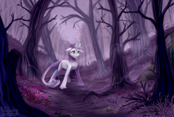 Size: 2920x1958 | Tagged: safe, artist:teaflower300, imported from derpibooru, oc, oc only, pony, unicorn, chest fluff, fangs, floppy ears, forest, leonine tail, not sweetie belle, outdoors, scared, solo