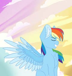 Size: 1963x2048 | Tagged: safe, artist:moccabliss, imported from derpibooru, rainbow dash, pegasus, pony, chest fluff, ear fluff, eyes closed, female, grin, mare, smiling, solo, spread wings, wings