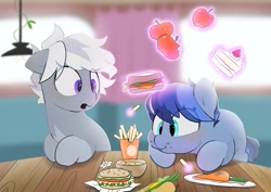 Size: 2048x1446 | Tagged: safe, artist:mochi_nation, imported from derpibooru, oc, oc:galaxy, oc:silver bolt, earth pony, pony, unicorn, apple, burger, cake, carrot, cute, duo, eating, eye clipping through hair, female, food, french fries, hay burger, herbivore, levitation, magic, mare, telekinesis