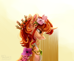 Size: 2108x1716 | Tagged: safe, artist:teaflower300, imported from derpibooru, oc, oc only, pony, unicorn, curved horn, flower, flower in hair, frown, horn, sad, solo