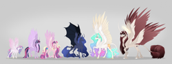 Size: 6000x2250 | Tagged: safe, artist:dementra369, imported from derpibooru, princess cadance, princess celestia, princess flurry heart, princess luna, twilight sparkle, oc, oc:fausticorn, alicorn, pony, absurd resolution, alicorn pentarchy, alternate design, bat wings, blaze (coat marking), cloven hooves, coat markings, colored hooves, concave belly, constellation, curved horn, cute, cute little fangs, ethereal mane, ethereal tail, facial markings, fangs, female, four wings, halo, headcanon in the description, height difference, hooves, horn, hybrid wings, large wings, leonine tail, long mane, long tail, looking at each other, mare, multiple horns, multiple wings, older, older flurry heart, pale belly, raised hoof, raised leg, simple background, sisters-in-law, slim, snip (coat marking), socks (coat markings), spread wings, standing, starry mane, starry tail, tail, thin, twilight sparkle (alicorn), two toned wings, unshorn fetlocks, wall of tags, wings