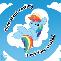 Size: 4000x4000 | Tagged: safe, artist:partylikeanartist, imported from derpibooru, rainbow dash, pegasus, pony, cloud, crossed hooves, eyebrows, eyebrows visible through hair, eyes closed, lying down, lying on a cloud, motivational, obtrusive watermark, on a cloud, on back, sleeping, solo, text, watermark, wholesome