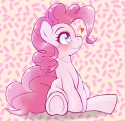 Size: 2048x1976 | Tagged: safe, artist:kurogewapony, imported from derpibooru, pinkie pie, earth pony, pony, blushing, cute, diapinkes, female, heart, high res, mare, simple background, smiling, solo, underhoof