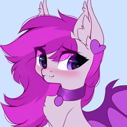 Size: 3072x3083 | Tagged: safe, artist:airiniblock, imported from derpibooru, oc, oc only, oc:violet moonflower, bat pony, pony, bat pony oc, bat wings, blushing, chest fluff, collar, cute, ear fluff, fangs, high res, patreon, patreon reward, rcf community, solo, wings