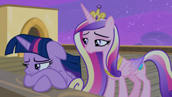 Size: 1920x1080 | Tagged: safe, imported from derpibooru, screencap, princess cadance, twilight sparkle, alicorn, pony, once upon a zeppelin, duo, duo female, female, sisters-in-law, twilight sparkle (alicorn)