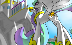 Size: 1920x1200 | Tagged: safe, artist:nadnerbd, imported from derpibooru, princess celestia, alicorn, pony, butt, canterlot, canterlot castle, female, giant alicorn, giant pony, giantess, giantlestia, hoof shoes, jewelry, looking at someone, macro, mare, peytral, plot, raised hoof, regalia, spread wings, wings