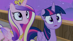 Size: 1920x1080 | Tagged: safe, imported from derpibooru, screencap, princess cadance, twilight sparkle, alicorn, pony, once upon a zeppelin, season 7, duo, duo female, female, sisters-in-law, twilight sparkle (alicorn)
