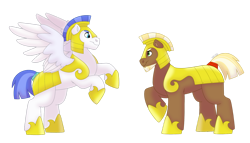 Size: 1280x732 | Tagged: safe, artist:itstechtock, imported from derpibooru, oc, oc only, oc:stoutheart, oc:swift wing, pony, armor, royal guard armor, simple background, transparent background