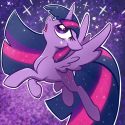 Size: 2048x2048 | Tagged: safe, artist:pfeffaroo, imported from derpibooru, part of a set, twilight sparkle, alicorn, pony, abstract background, cute, female, floppy ears, flying, glitter, high res, looking up, mare, open mouth, outline, profile, solo, sparkles, spread wings, twiabetes, twilight sparkle (alicorn), white outline, wings