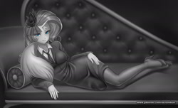 Size: 1649x1000 | Tagged: safe, alternate version, artist:racoonsan, imported from derpibooru, rarity, human, bra, clothes, couch, draw me like one of your french girls, dress, fainting couch, fascinator, high heels, horn, horned humanization, humanized, looking at you, monochrome, necktie, neo noir, pantyhose, partial color, shoes, skirt, solo, stupid sexy rarity, suit, underwear