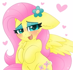 Size: 2585x2463 | Tagged: safe, artist:pegamutt, imported from derpibooru, fluttershy, pegasus, pony, bipedal, blushing, cute, cutie mark, daaaaaaaaaaaw, drunk, eyelashes, eyeshadow, floating heart, floppy ears, flower, flower in hair, go home you're drunk, heart, high res, lidded eyes, looking at you, makeup, open mouth, shyabetes, smiling, solo, wings