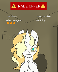 Size: 877x1080 | Tagged: safe, artist:2hrnap, imported from derpibooru, imported from ponybooru, oc, oc only, oc:dyxkrieg, exploitable meme, food, looking at you, magical lesbian spawn, meme, offspring, orange, parent:oc:dyx, parent:oc:luftkrieg, ponybooru import, trade offer