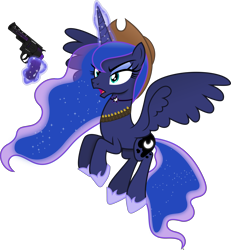 Size: 5829x6295 | Tagged: safe, artist:anime-equestria, imported from derpibooru, princess luna, alicorn, pony, angry, bullet belt, cowboy, cowboy hat, eyeshadow, female, gun, handgun, hat, horse shoes, jewelry, levitation, magic, makeup, necklace, revolver, simple background, solo, telekinesis, transparent background, vector, weapon, wild west, wings