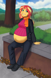 Size: 971x1500 | Tagged: safe, artist:olympic-dames, imported from derpibooru, sunset shimmer, comic:inner thoughts, equestria girls, autumn, belly, belly button, big belly, boots, bush, clothes, cloud, coat, complex background, high heels, leaves, looking at you, mama sunset, outie belly button, pants, pregnant, scarf, shoes, sidewalk, sitting, sky, smiling, sunset preggers, sweater, tree