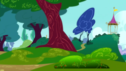 Size: 1280x720 | Tagged: safe, imported from derpibooru, screencap, on your marks, season 6, background, blurry, bush, cloud, gazebo, no pony, scenic ponyville, tree