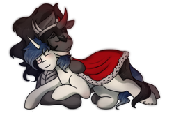 Size: 1280x828 | Tagged: safe, artist:mscolorsplash, imported from derpibooru, king sombra, oc, unnamed oc, pony, umbrum, unicorn, armor, blushing, canon x oc, cuddling, gay, jewelry, lying down, male, regalia, shipping, simple background, stallion, transparent background