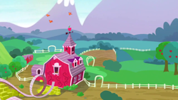 Size: 1280x720 | Tagged: safe, imported from derpibooru, screencap, bird, on your marks, apple, apple tree, background, food, hay bale, mountain, no pony, ramp, scenic ponyville, sweet apple acres, tree