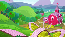 Size: 1280x720 | Tagged: safe, imported from derpibooru, screencap, on your marks, apple, apple tree, background, food, hay bale, mountain, ramp, scenic ponyville, sweet apple acres, tree