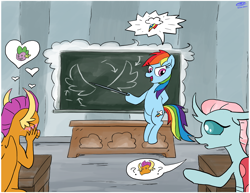 Size: 3300x2550 | Tagged: safe, artist:loreto-arts, imported from derpibooru, ocellus, rainbow dash, smolder, spike, changedling, changeling, dragon, pony, blushing, chalkboard, commission, cute, daydream, dragoness, female, high res, implied spolder, mare, pointer, smolderbetes