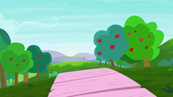 Size: 1280x720 | Tagged: safe, imported from derpibooru, screencap, on your marks, apple, apple tree, background, food, hill, no pony, scenic ponyville, sweet apple acres, tree