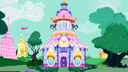 Size: 1280x720 | Tagged: safe, imported from derpibooru, screencap, on your marks, background, carousel boutique, cloud, no pony, ponyville, scenic ponyville, tree