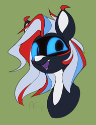 Size: 1480x1935 | Tagged: safe, artist:airfly-pony, imported from derpibooru, oc, oc only, oc:willow, oc:xsf-47 willow, original species, plane pony, pony, blue mane, blue sclera, bust, cute, elepatrium, green background, looking at you, mecha (elepatrium), multicolored mane, plane, portrait, red mane, simple background, smiling, solo, su-47 berkut, sukhoi su-47 berkut, universe elepatrium, white mane