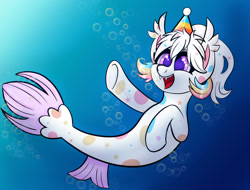 Size: 1280x974 | Tagged: safe, artist:marph92, imported from derpibooru, oc, oc only, oc:confetti cupcake, seapony (g4), bubble, crepuscular rays, dorsal fin, fangs, fish tail, hat, ocean, open mouth, party hat, purple eyes, smiling, solo, swimming, tail, teeth, underwater, water