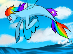 Size: 1280x945 | Tagged: safe, artist:folkloriankid, imported from derpibooru, rainbow dash, pegasus, pony, seapony (g4), my little pony: the movie, cloud, dorsal fin, female, fin wings, fins, fish tail, looking down, multicolored hair, ocean, pink eyes, seaponified, seapony rainbow dash, sky, smiling, solo, species swap, spread wings, tail, water, wings