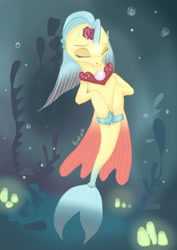 Size: 1280x1810 | Tagged: safe, artist:horytsvit, imported from derpibooru, princess skystar, seapony (g4), my little pony: the movie, bioluminescent, blue mane, eyes closed, female, fin wings, fins, fish tail, flower, flower in hair, flowing mane, flowing tail, freckles, glow, glowing, jewelry, necklace, pearl necklace, seaweed, solo, tail, underwater, wings