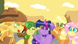 Size: 1024x576 | Tagged: safe, artist:llyly, imported from derpibooru, applejack, braeburn, fluttershy, twilight sparkle, alicorn, applecest, blushing, braeburn gets all the mares, braejack, braeshy, female, incest, male, shipping, straight, twiburn, twilight sparkle (alicorn)