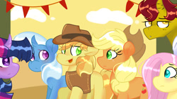 Size: 1024x576 | Tagged: safe, artist:llyly, imported from derpibooru, applejack, braeburn, fluttershy, trixie, twilight sparkle, oc, oc:golden "goldie" touch, alicorn, applecest, blushing, braeburn gets all the mares, braejack, braeshy, female, incest, male, princess trixie sparkle, shipping, straight, trixburn, twiburn, twilight sparkle (alicorn)