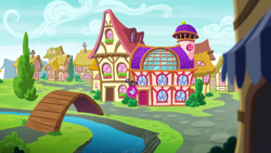 Size: 1280x720 | Tagged: safe, imported from derpibooru, screencap, on your marks, season 6, background, bridge, cloud, no pony, ponyville, river, scenic ponyville, tree