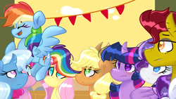 Size: 1024x576 | Tagged: safe, artist:llyly, imported from derpibooru, applejack, fluttershy, pinkie pie, rainbow dash, rarity, trixie, twilight sparkle, oc, oc:golden "goldie" touch, alicorn, mane six, princess trixie sparkle, twilight sparkle (alicorn)