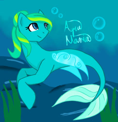 Size: 1358x1400 | Tagged: safe, artist:kernthefan23, imported from derpibooru, oc, oc only, seapony (g4), blue eyes, bubble, female, fin wings, fish tail, looking up, ocean, seaweed, smiling, solo, tail, underwater, water, wings