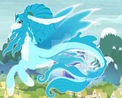 Size: 1280x1028 | Tagged: safe, artist:klfunsskxd, imported from derpibooru, oc, oc only, alicorn, pony, seapony (g4), blue mane, deviantart watermark, female, fin wings, fins, fish tail, flowing mane, flowing tail, obtrusive watermark, seaponified, smiling, solo, species swap, tail, watermark, wings