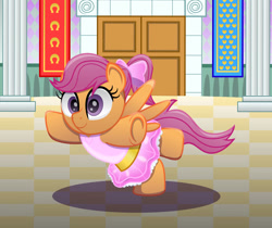 Size: 1250x1050 | Tagged: safe, alternate version, artist:spellboundcanvas, imported from derpibooru, scootaloo, pegasus, pony, ballerina, banner, bow, checkered floor, clothes, column, cute, cutealoo, dancing, door, dress, female, filly, hair bow, pillar, ponytail, scootarina, solo, standing, standing on one leg, tutu, wings