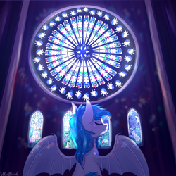 Size: 3000x3000 | Tagged: safe, artist:silbersternenlicht, imported from derpibooru, oc, oc:power note, oc:sister note, bat pony, album cover, cathedral, church, high res, holly, praying