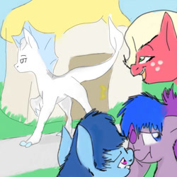 Size: 685x685 | Tagged: safe, artist:sonicsketcher64, imported from derpibooru, oc, oc:applesauce, oc:diamond dazzle, oc:sapphire sparkle, oc:skyscope, dracony, dragon, hybrid, pegasus, pony, embarrassed, eyes on the prize, female, filly, freckles, interspecies offspring, male, offspring, parent:big macintosh, parent:fluttershy, parent:rainbow dash, parent:rarity, parent:soarin', parent:spike, parents:fluttermac, parents:soarindash, parents:sparity