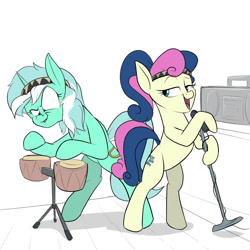 Size: 1280x1280 | Tagged: safe, artist:rocket-lawnchair, imported from derpibooru, bon bon, lyra heartstrings, sweetie drops, earth pony, pony, unicorn, bipedal, bongos, duo, female, ishtar, microphone, musical instrument, open mouth, singing