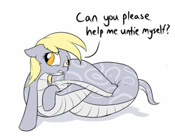 Size: 1280x1024 | Tagged: safe, artist:rocket-lawnchair, imported from derpibooru, derpy hooves, lamia, original species, snake, snake pony, adorable distress, cute, derpy being derpy, female, i can't believe it's not badumsquish, i just don't know what went wrong, knot, lamiafied, snerpy, species swap, tangled up, tied in a knot