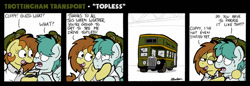 Size: 1024x352 | Tagged: safe, artist:bobthedalek, imported from derpibooru, oc, oc only, oc:bubble pump, oc:clippy ticket, earth pony, pegasus, pony, comic:trottingham transport, bus, clothes, double entendre, hat, shirt, sweat, sweatdrop, we don't normally wear clothes