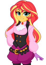 Size: 1014x1438 | Tagged: safe, artist:rosemile mulberry, imported from derpibooru, sunset shimmer, equestria girls, ascot, belt, broach, bullet, clothes, cosplay, costume, cravat, eyelashes, female, gloves, haru okumura, looking at you, persona, persona 5, persona 5 noir, raised eyebrow, simple background, solo, vest, white background