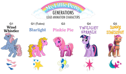 Size: 1681x989 | Tagged: safe, artist:politicsponi, imported from derpibooru, pinkie pie (g3), starlight (g1), sunny starscout, twilight sparkle, wind whistler, earth pony, pegasus, pony, unicorn, my little pony tales, cutie mark, female, g1, g3, g4, g5, looking at you, my little pony logo, rearing, simple background, smiling, transparent background, unicorn twilight
