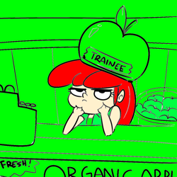 Size: 1024x1024 | Tagged: safe, artist:tjpones, artist:tjpones edits, color edit, edit, imported from derpibooru, apple bloom, equestria girls, apple, cash register, colored, female, food, freckles, grayscale, grumpy, hand on chin, hat, monochrome, solo