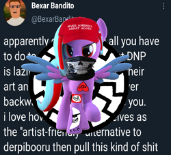 Size: 1344x1220 | Tagged: safe, artist:moonman1488, edit, imported from ponybooru, oc, oc only, oc:star beats, pegasus, pony, 1000 hours in ms paint, 3d, based, blender, maga hat, meta, moonman, nazi, simple background, solo, sonnenrad, swastika, twitter