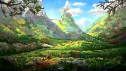 Size: 1280x720 | Tagged: safe, artist:plainoasis, imported from derpibooru, applejack, earth pony, pony, canterlot, cart, mountain, scenery, scenery porn, solo, train, valley
