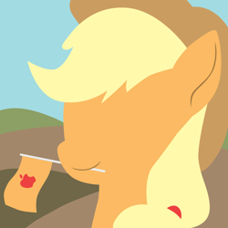 Size: 1080x1080 | Tagged: safe, artist:melodiousmarci, edit, imported from twibooru, applejack, earth pony, pony, apple, apple (company), female, flag, food, mare, mouth hold, simple background, smiling, that pony sure does love apples, unauthorized edit